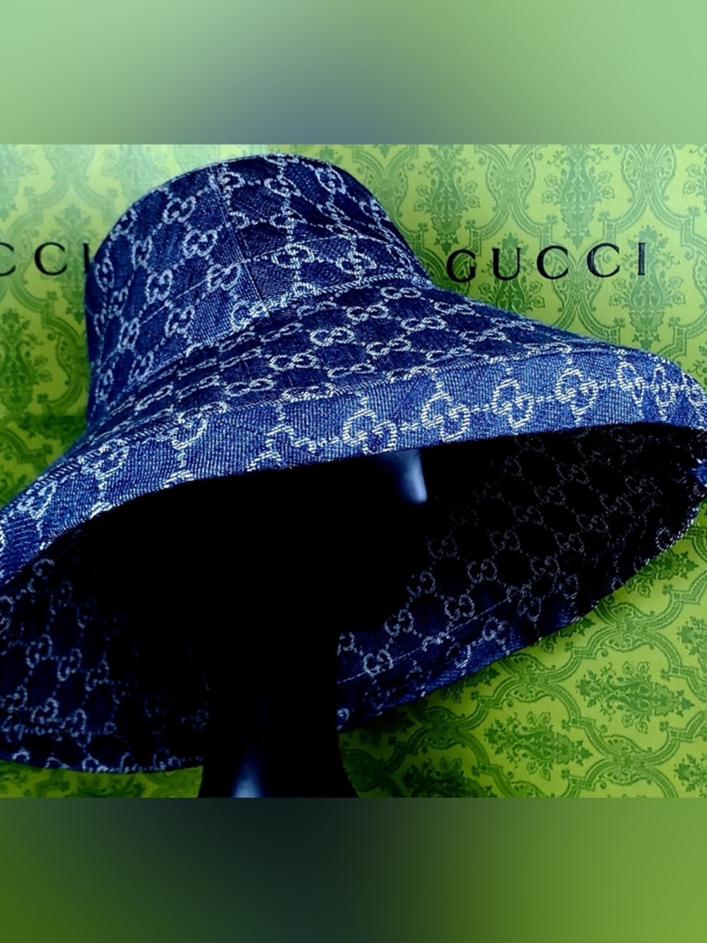 Denim Monogram Bucket Hat Large Wide Brim Jacquard Canvas Navy Blue Sun Beach - Picture 6 of 16